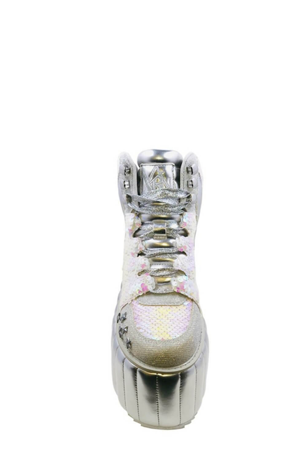 Iridescent Sequined Lace Up Metallic Quilted Platform Sneakers With Star Studded Details