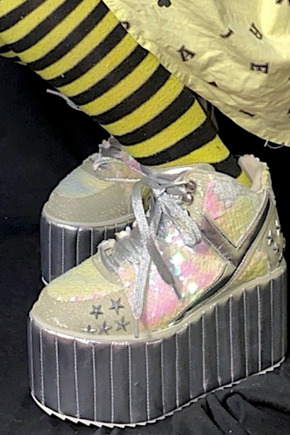 Iridescent Sequined Lace Up Metallic Quilted Platform Sneakers With Star Studded Details
