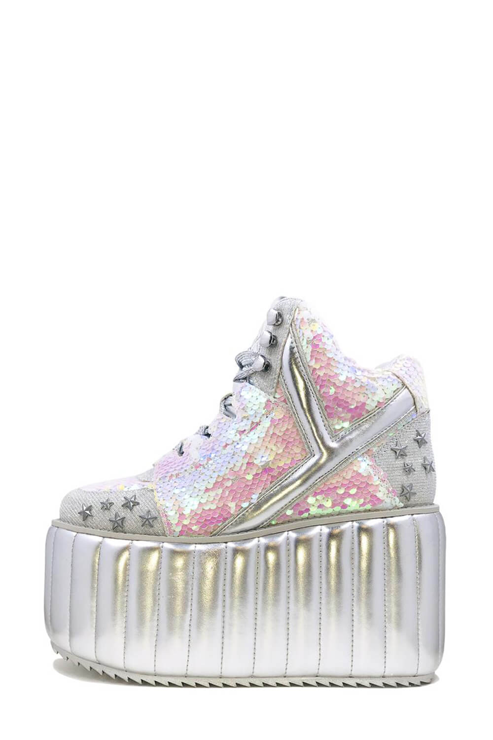 Iridescent Sequined Lace Up Metallic Quilted Platform Sneakers With Star Studded Details