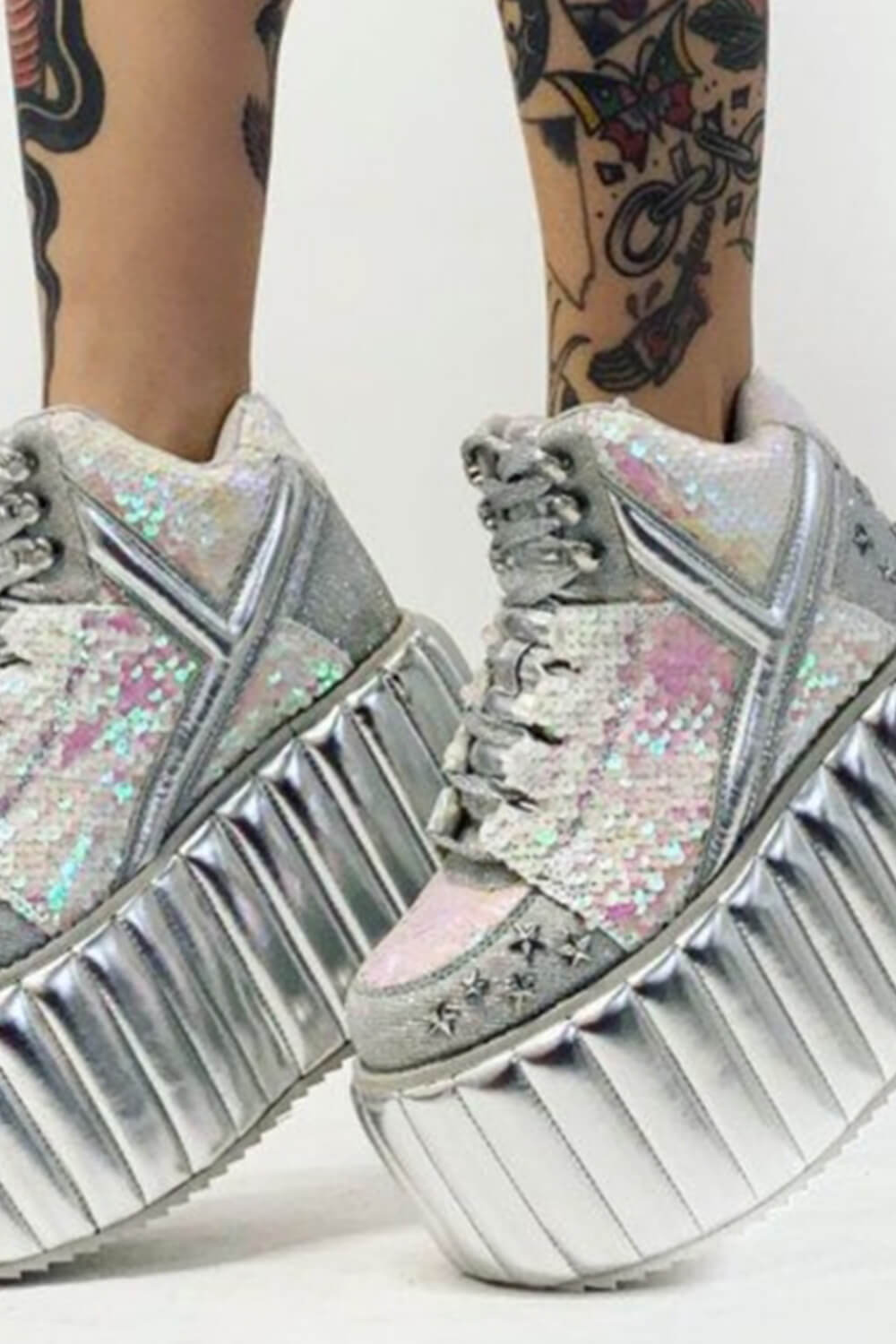 Iridescent Sequined Lace Up Metallic Quilted Platform Sneakers With Star Studded Details