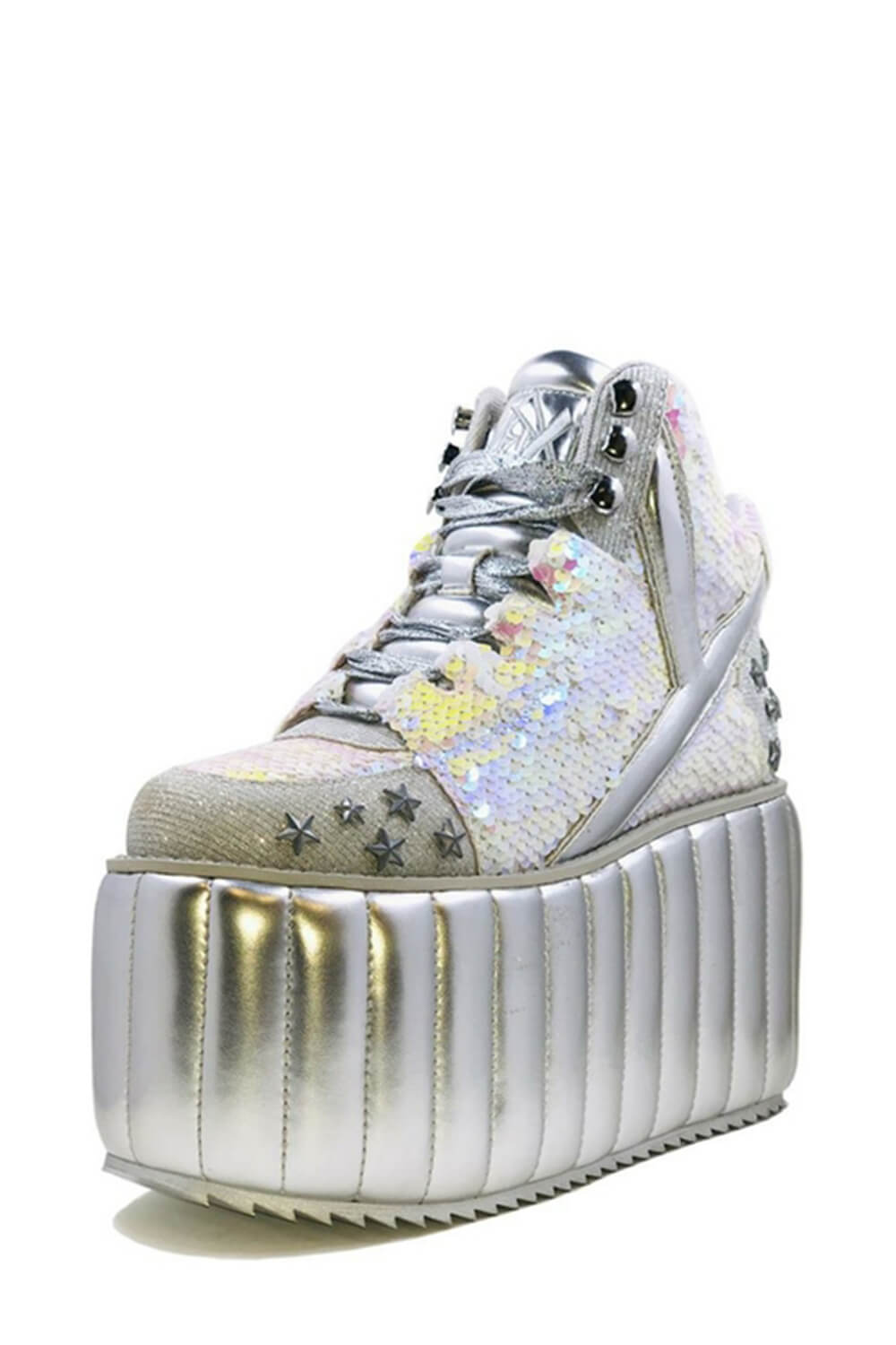 Iridescent Sequined Lace Up Metallic Quilted Platform Sneakers With Star Studded Details