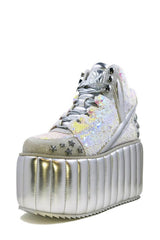Iridescent Sequined Lace Up Metallic Quilted Platform Sneakers With Star Studded Details