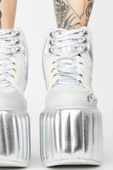 Iridescent Sequined Lace Up Metallic Quilted Platform Sneakers With Star Studded Details