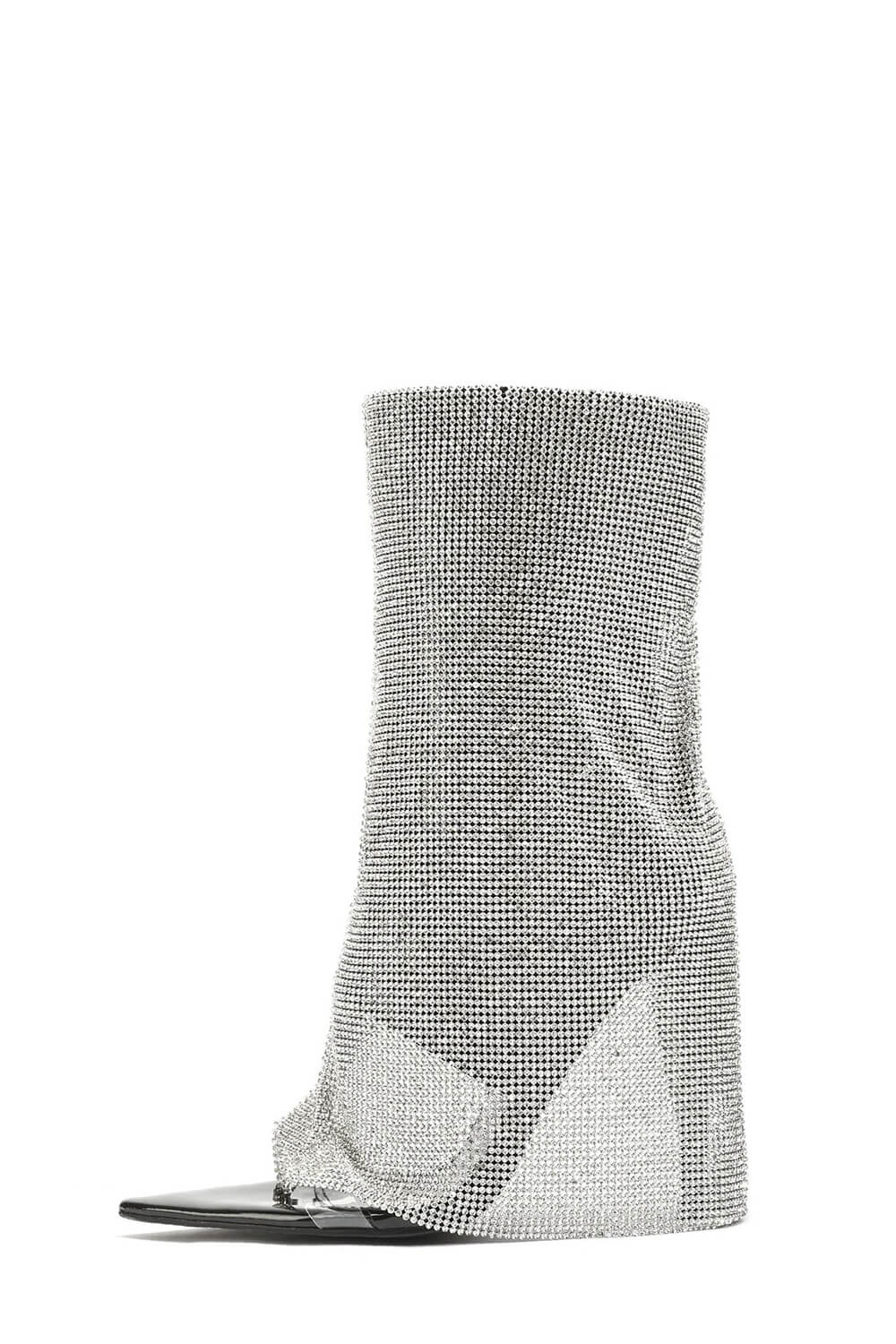 Rhinestone Mesh Overlay Open Pointed Toe Pvc Stiletto Boots - Black