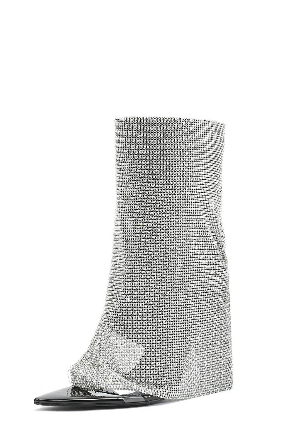 Rhinestone Mesh Overlay Open Pointed Toe Pvc Stiletto Boots - Black