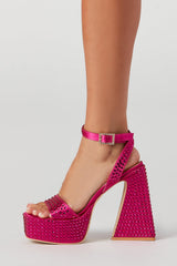 Sparkly Diamante Ankle Strap Square Toe Block Heel Platform High Heels - Hot Pink