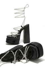 Diamante Lace Up Square Toe Block Heel Double Platform High Heels - Black