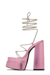 Diamante Lace Up Square Toe Block Heel Double Platform High Heels - Hot Pink