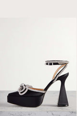 Satin Diamante Bow Pointed Toe Platform Flared Block Heel - Black