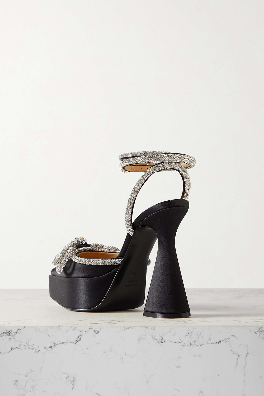 Satin Diamante Bow Pointed Toe Platform Flared Block Heel - Black