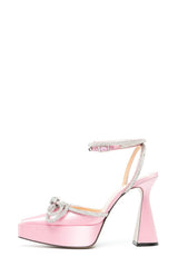 Satin Diamante Bow Pointed Toe Platform Flared Block Heel - Pink