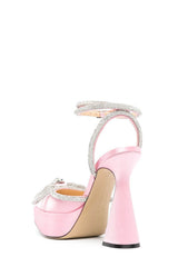 Satin Diamante Bow Pointed Toe Platform Flared Block Heel - Pink