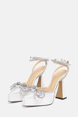 Satin Diamante Bow Pointed Toe Platform Flared Block Heel - White