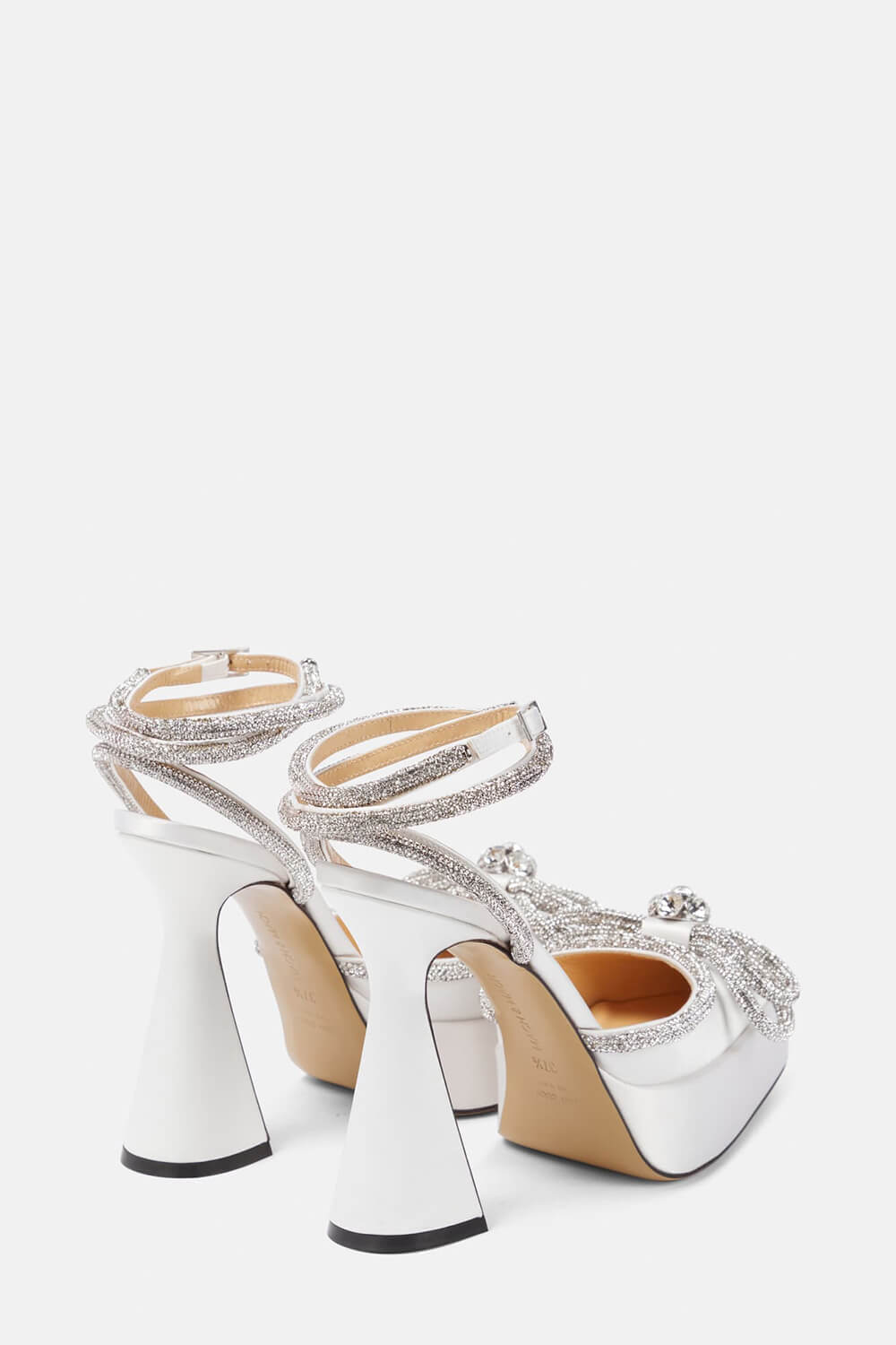 Satin Diamante Bow Pointed Toe Platform Flared Block Heel - White