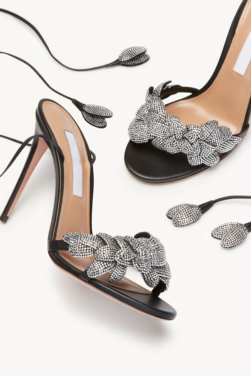 Rhinestones Flower Embellished Almond Toe High Heeled Sandals - Black