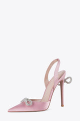 Satin Rhinestone Bow Sling Back Pointed Toe Stiletto High Heel Pumps - Pink