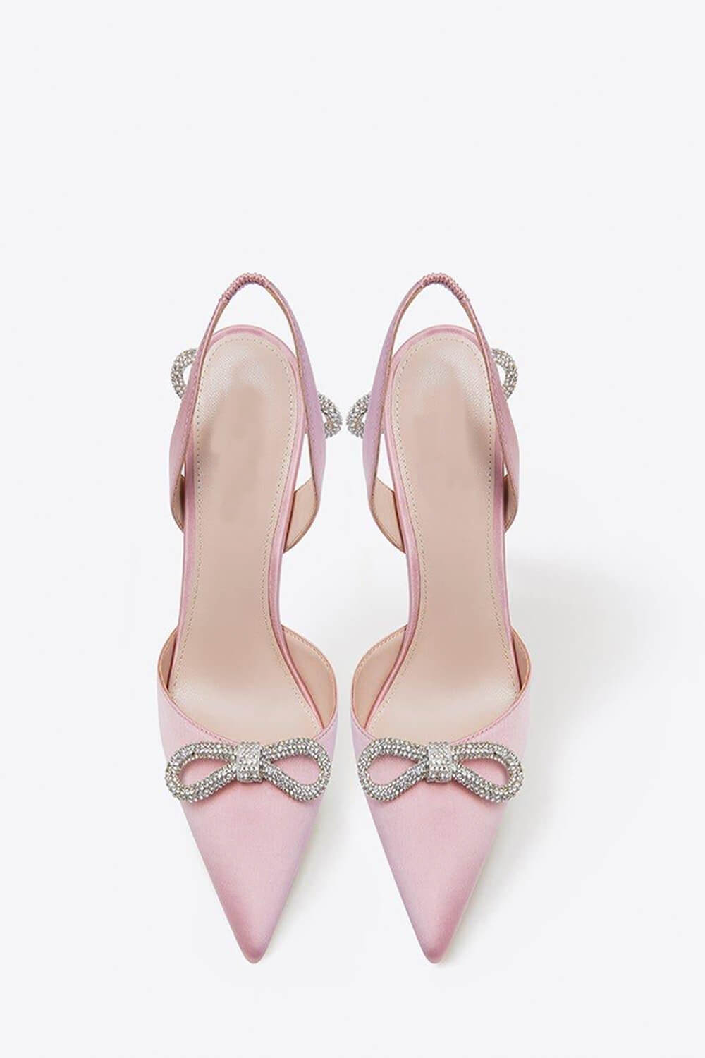 Satin Rhinestone Bow Sling Back Pointed Toe Stiletto High Heel Pumps - Pink