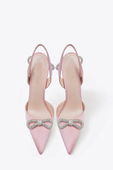 Satin Rhinestone Bow Sling Back Pointed Toe Stiletto High Heel Pumps - Pink