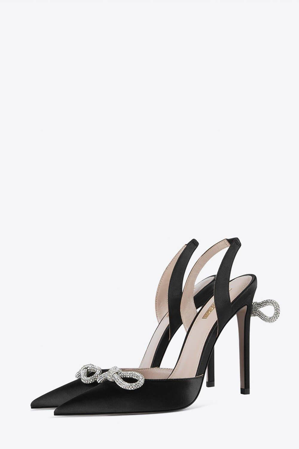 Satin Rhinestone Bow Sling Back Pointed Toe Stiletto High Heel Pumps - Black