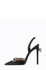 Satin Rhinestone Bow Sling Back Pointed Toe Stiletto High Heel Pumps - Black