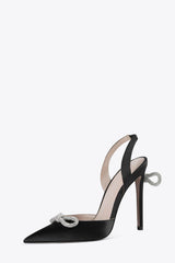 Satin Rhinestone Bow Sling Back Pointed Toe Stiletto High Heel Pumps - Black