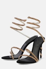 Faux Suede Diamante Ankle Wrap Open Toe High Heel Sandals - Black
