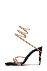 Faux Suede Diamante Ankle Wrap Open Toe High Heel Sandals - Black