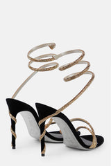 Faux Suede Diamante Ankle Wrap Open Toe High Heel Sandals - Black