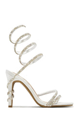 Satin Diamante Ankle Wrap Open Toe High Heel Sandals - White