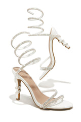 Satin Diamante Ankle Wrap Open Toe High Heel Sandals - White