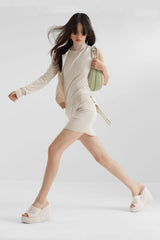 Padded Faux Leather Open Toe Wedge Heeled Mule Sandals - Nude