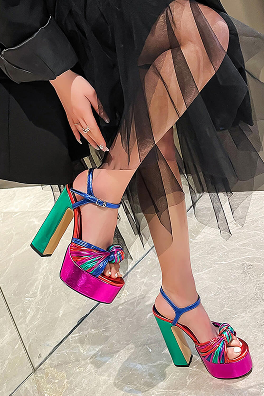 Multicolor Knotted Block Heel Platform Sandals