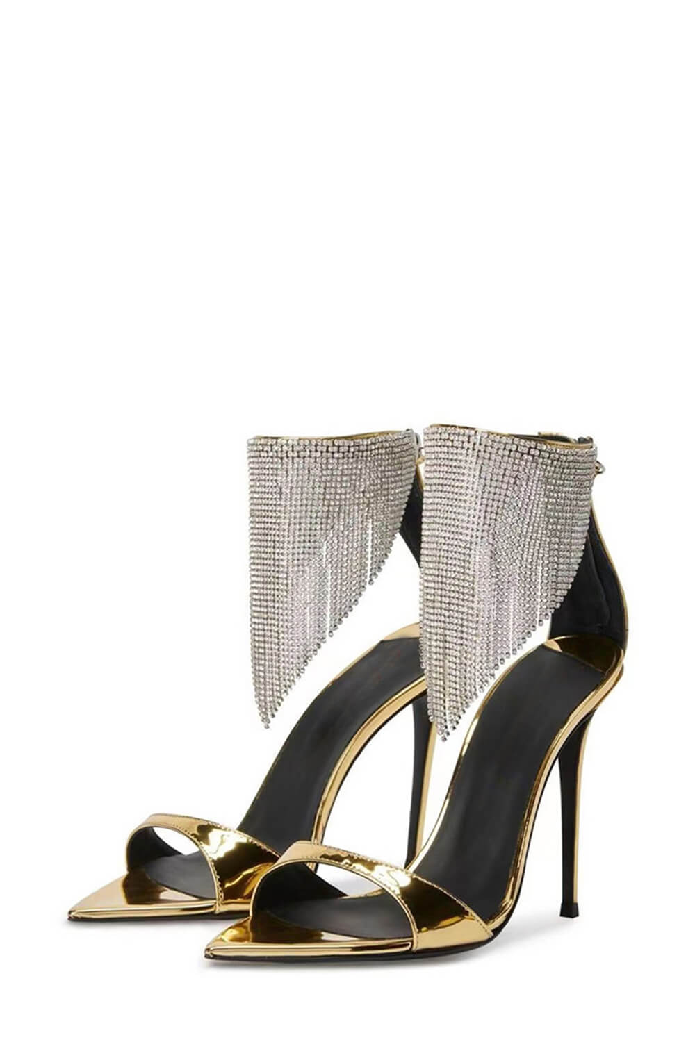 Crystal Rhinestones Fringed Open Pointed Toe Stiletto Heeled Sandals - Gold