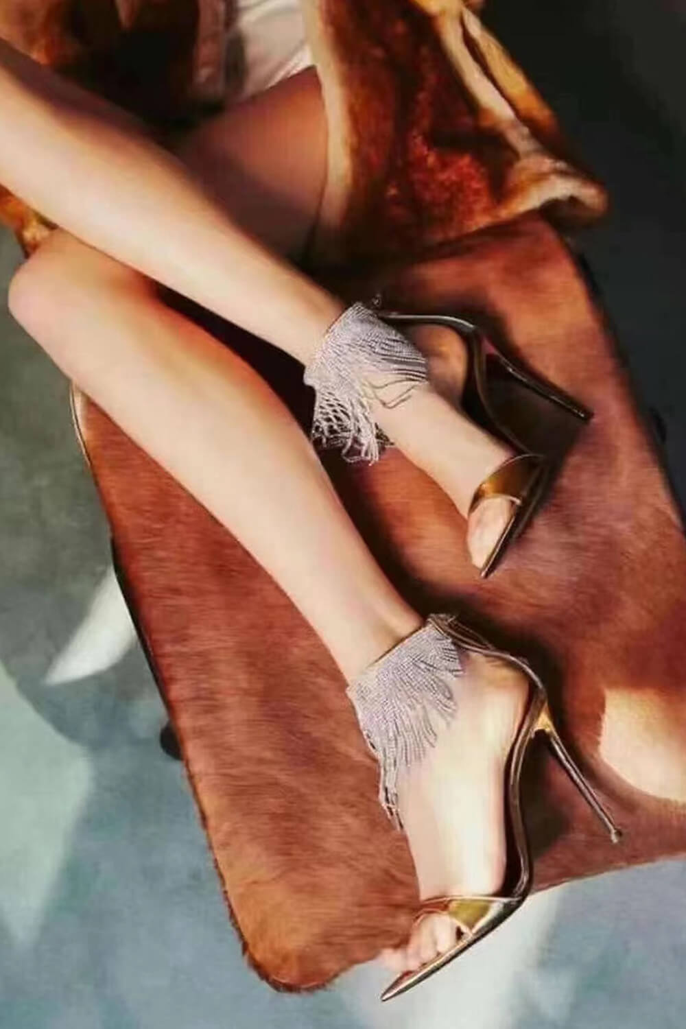 Crystal Rhinestones Fringed Open Pointed Toe Stiletto Heeled Sandals - Gold