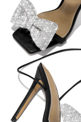 Rhinestone Bow Square Open Toe Stiletto Sandal - Black