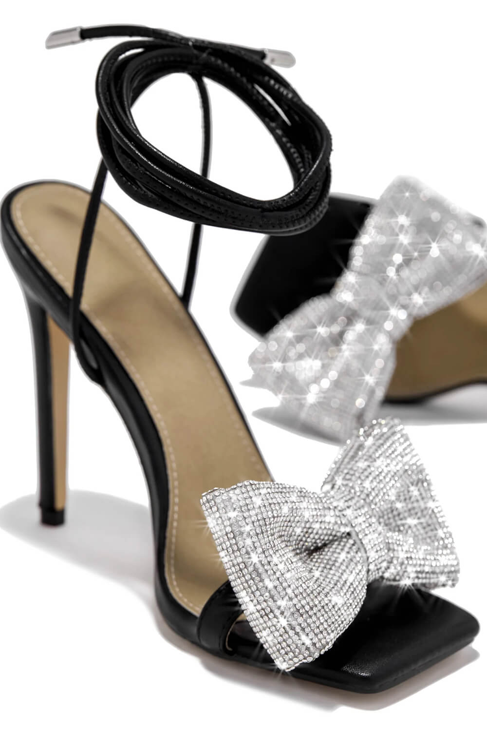 Rhinestone Bow Square Open Toe Stiletto Sandal - Black