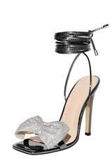 Rhinestone Bow Square Open Toe Stiletto Sandal - Black