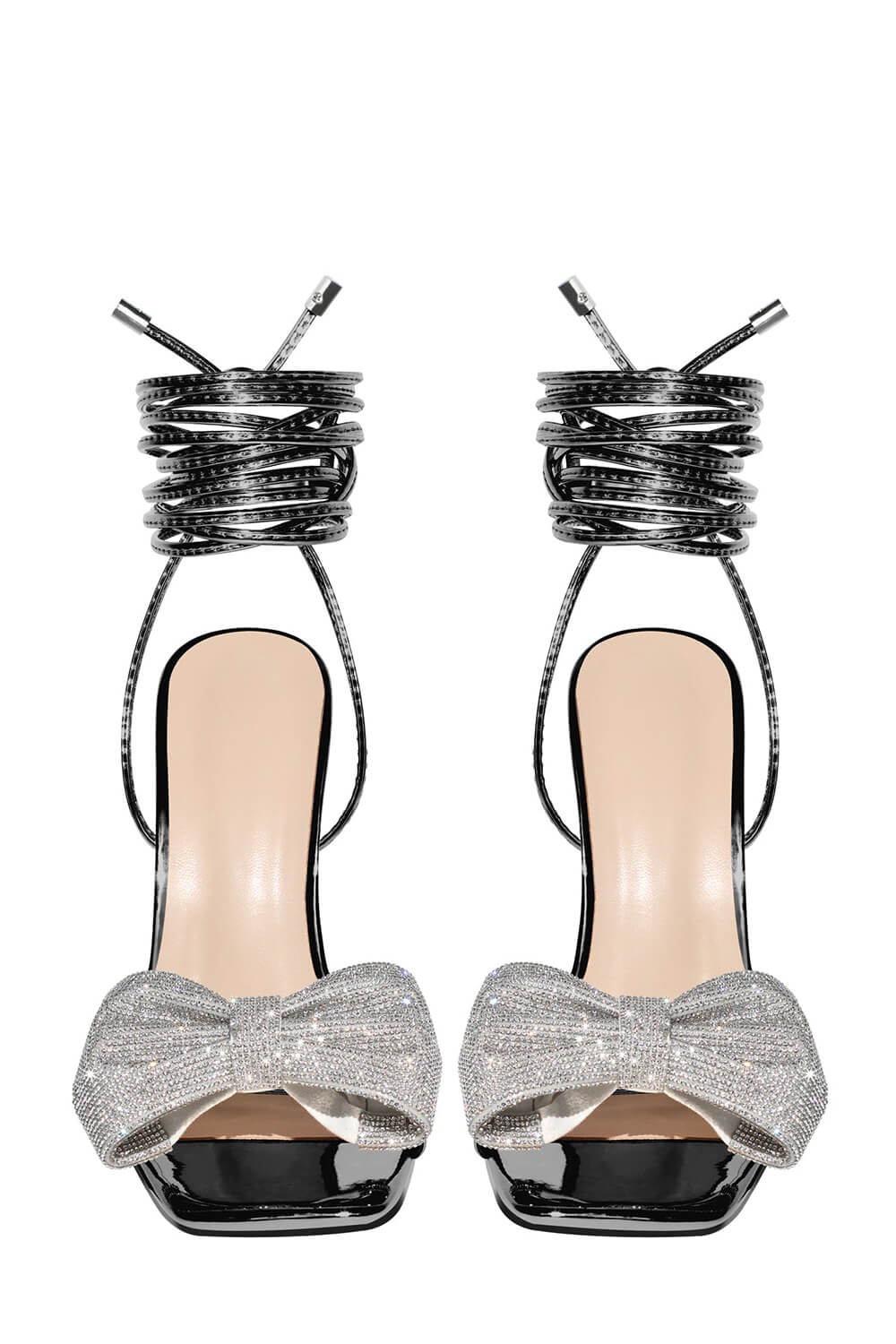 Rhinestone Bow Square Open Toe Stiletto Sandal - Black