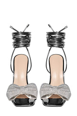 Rhinestone Bow Square Open Toe Stiletto Sandal - Black