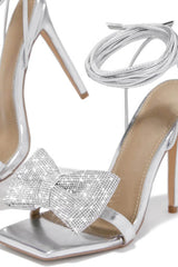 Rhinestone Bow Square Open Toe Stiletto Sandal - Silver