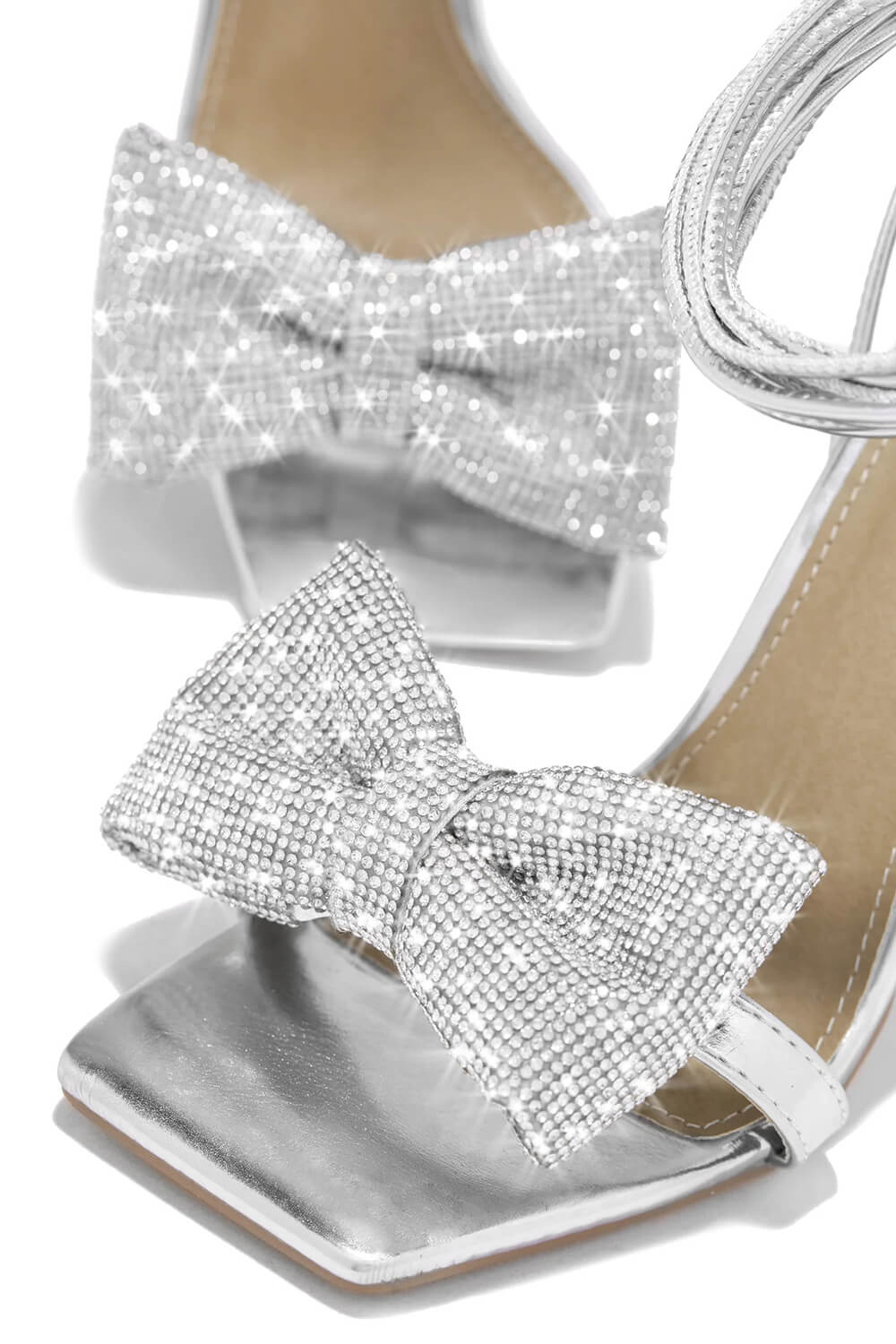 Rhinestone Bow Square Open Toe Stiletto Sandal - Silver