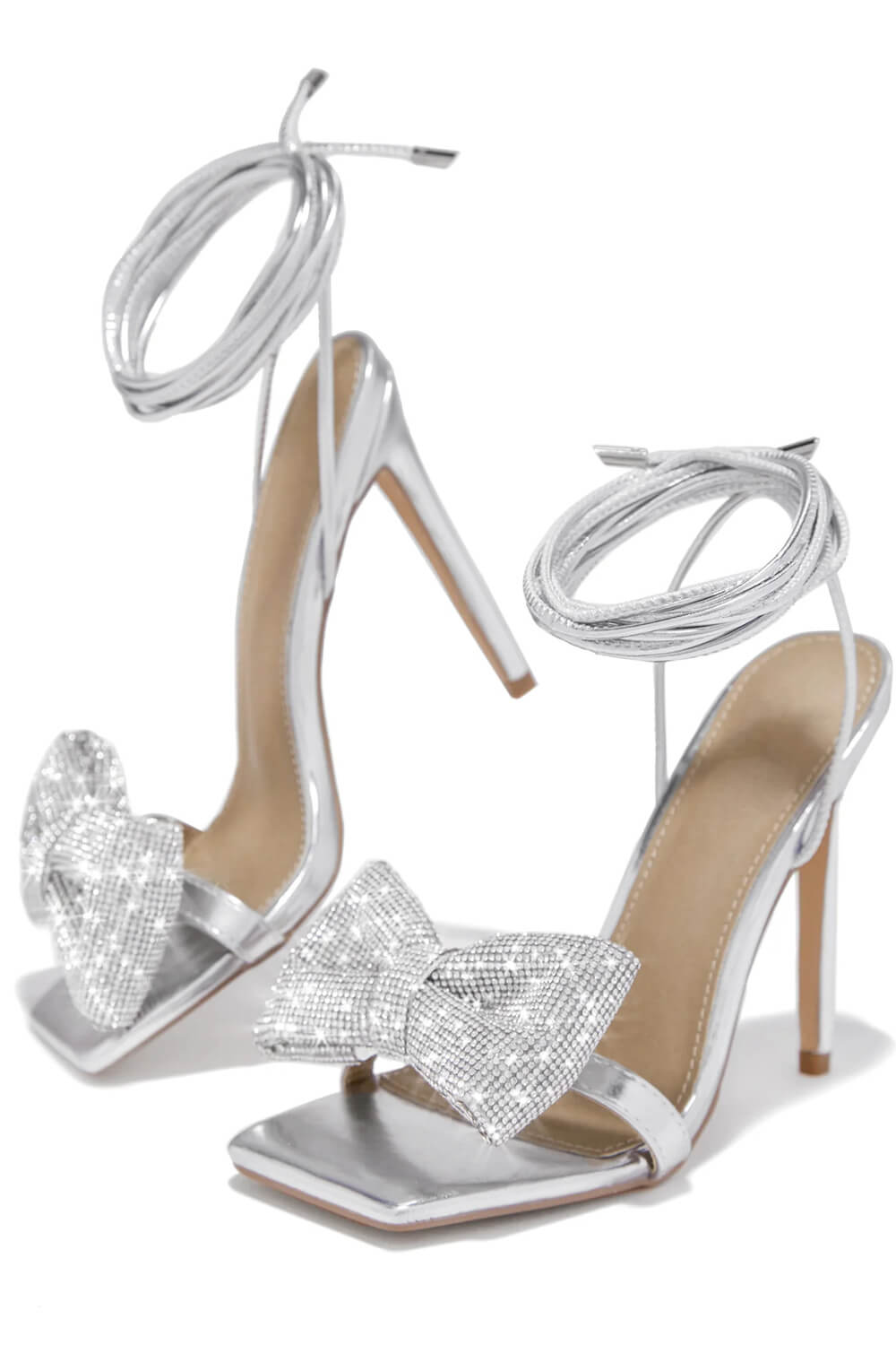 Rhinestone Bow Square Open Toe Stiletto Sandal - Silver