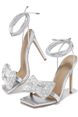 Rhinestone Bow Square Open Toe Stiletto Sandal - Silver