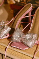 Rhinestone Bow Square Open Toe Stiletto Sandal - Pink