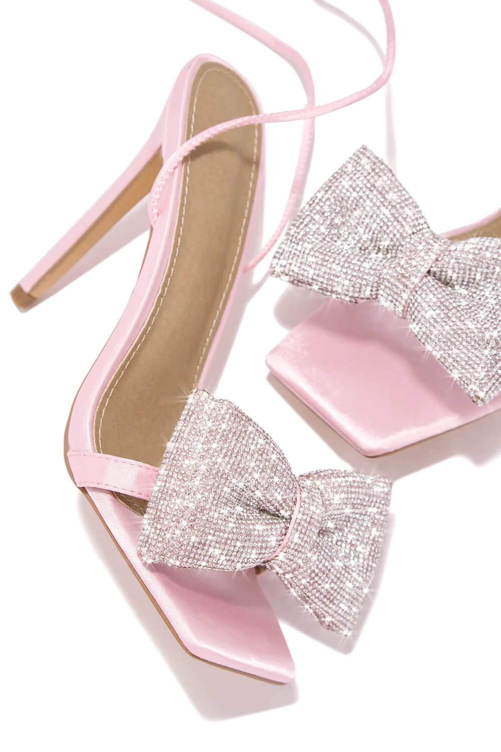 Rhinestone Bow Square Open Toe Stiletto Sandal - Pink