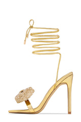 Rhinestone Bow Square Open Toe Stiletto Sandal - Gold