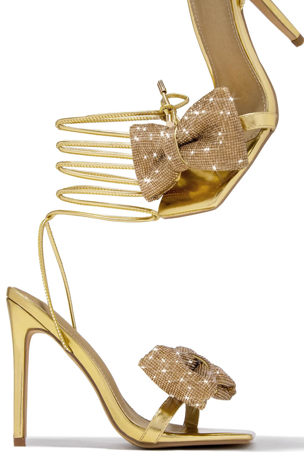 Rhinestone Bow Square Open Toe Stiletto Sandal - Gold