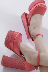 Sparkly Diamante Square Toe Double Platform High Block Heels - Hot Pink