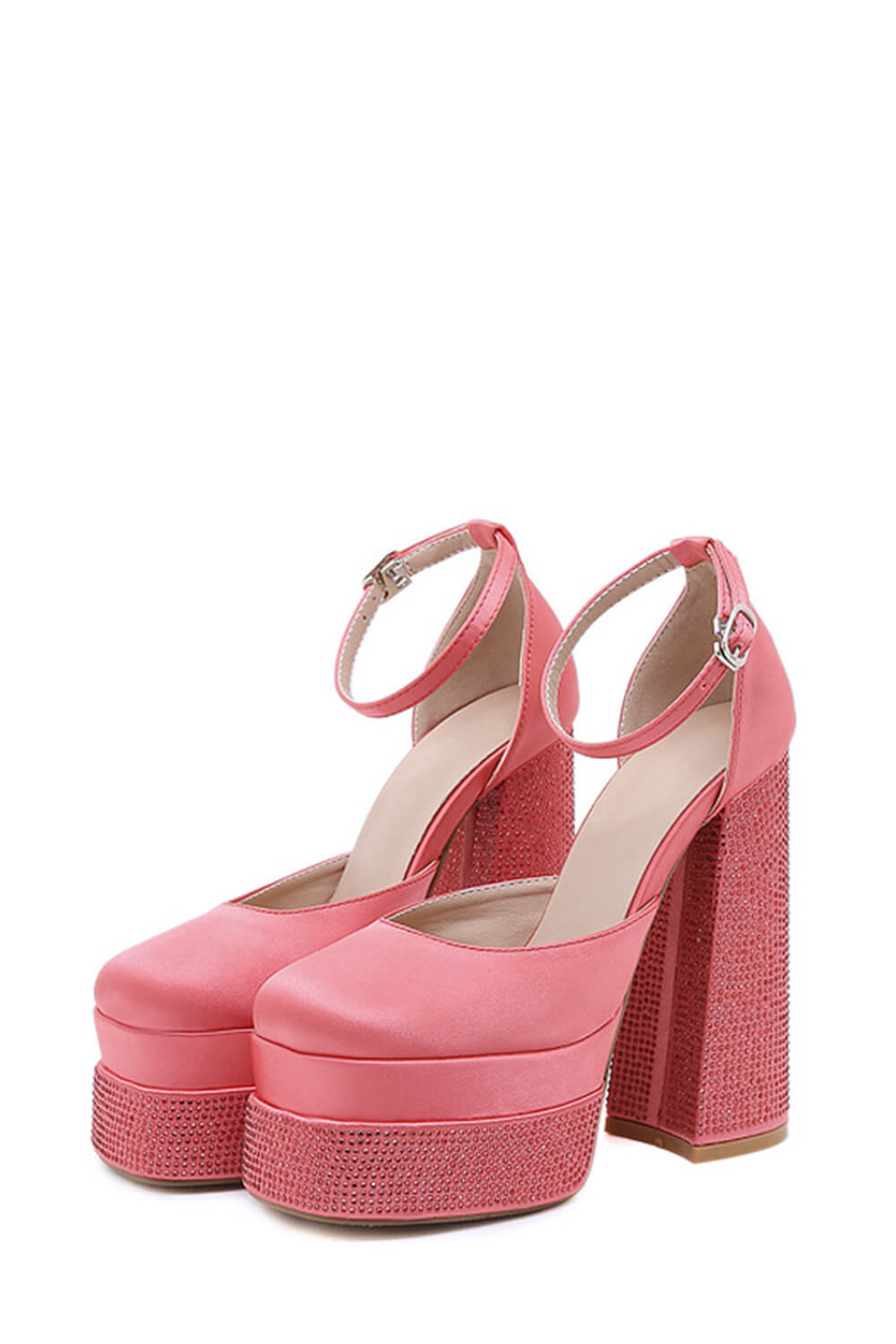 Sparkly Diamante Square Toe Double Platform High Block Heels - Hot Pink