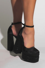 Sparkly Diamante Square Toe Double Platform High Block Heels - Black